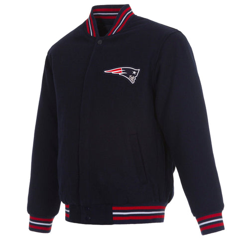 A navy blue wool-blend varsity jacket featuring the embroidered New England Patriots logo on the left chest, with red and white striped ribbed trim on the collar, cuffs, and hem.