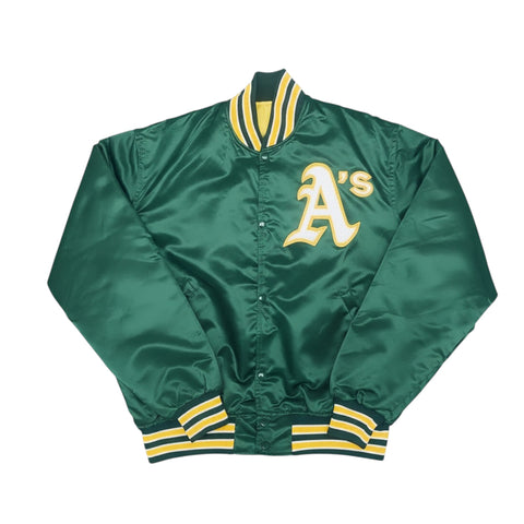 Green satin jacket with yellow letter 'A' logo on a white background