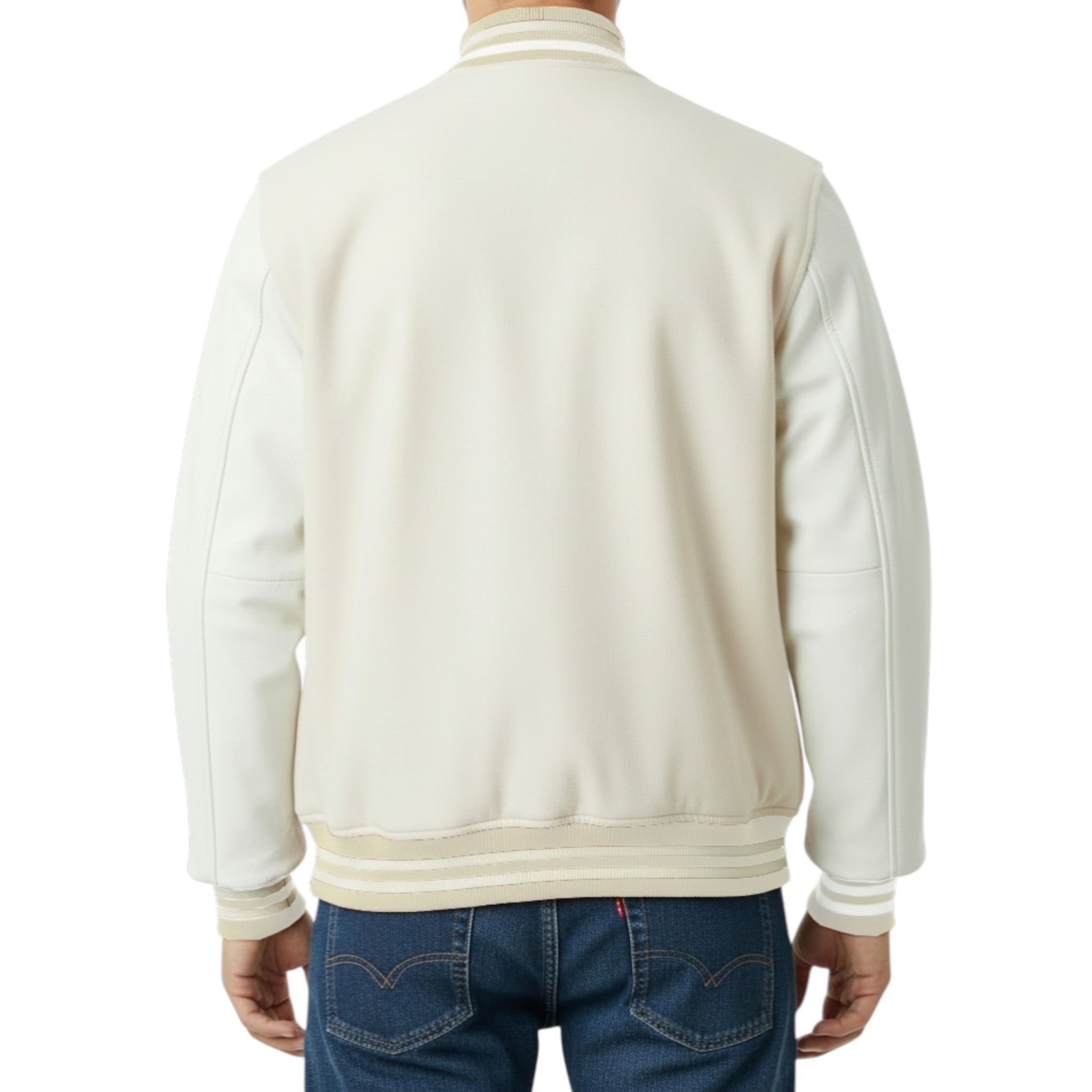 Back view of a person wearing a Off-White jacket and blue jeans on a white background