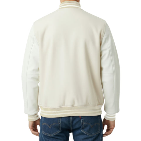 Back view of a person wearing a Off-White jacket and blue jeans on a white background