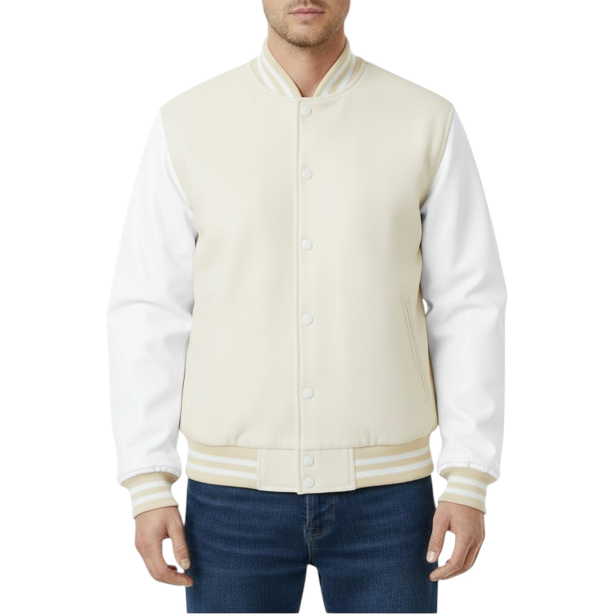 Man wearing a Off-White and white varsity jacket on a white background