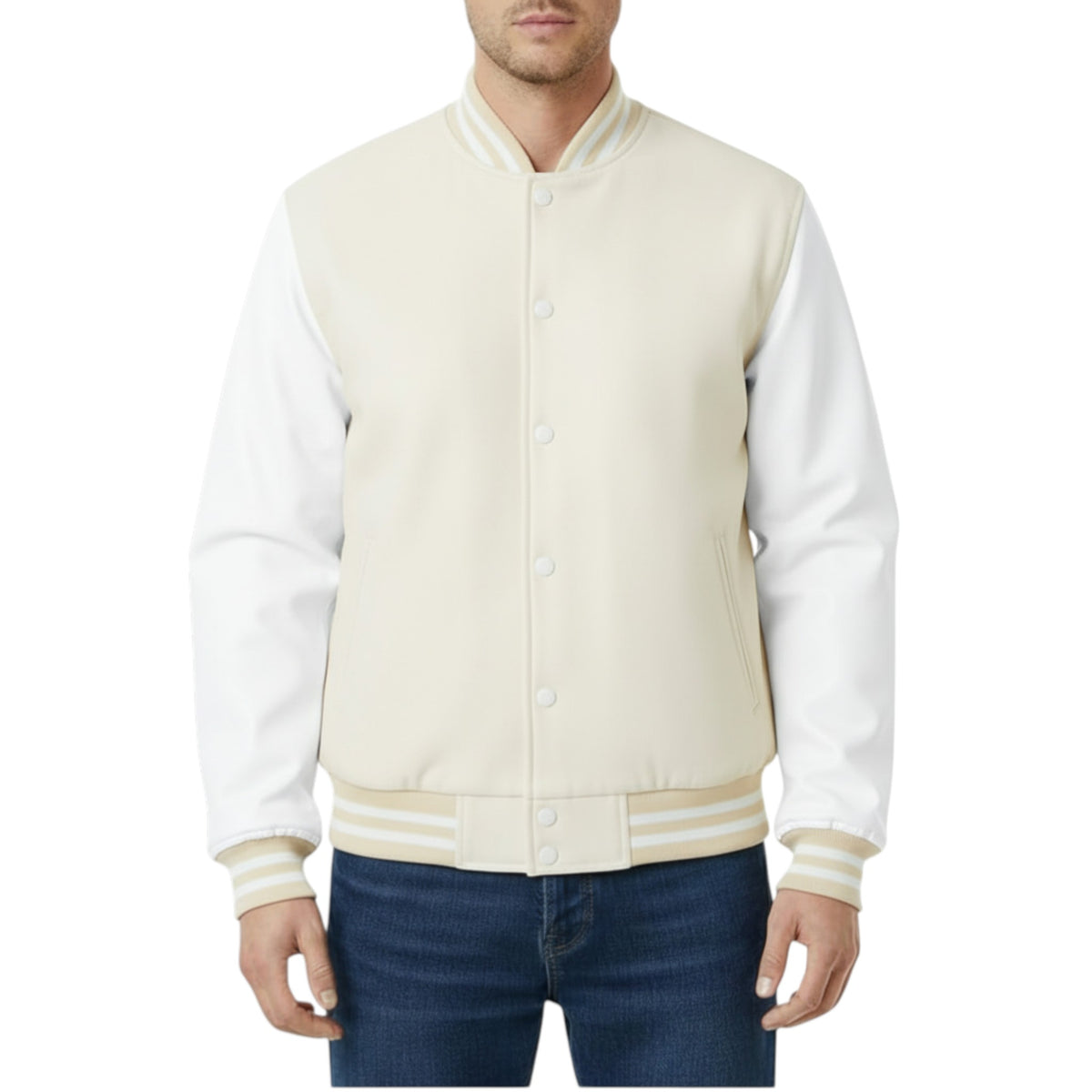 Man wearing a Off-White and white varsity jacket on a white background
