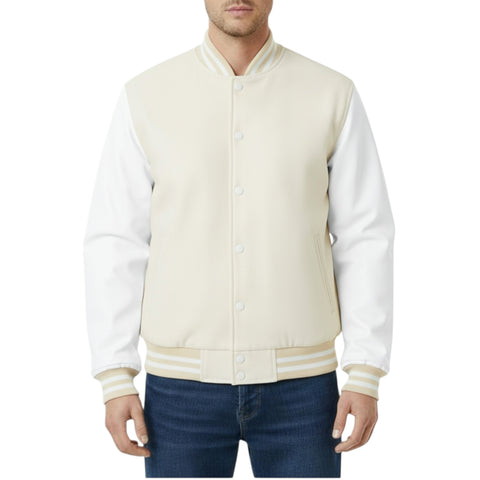 Man wearing a Off-White and white varsity jacket on a white background