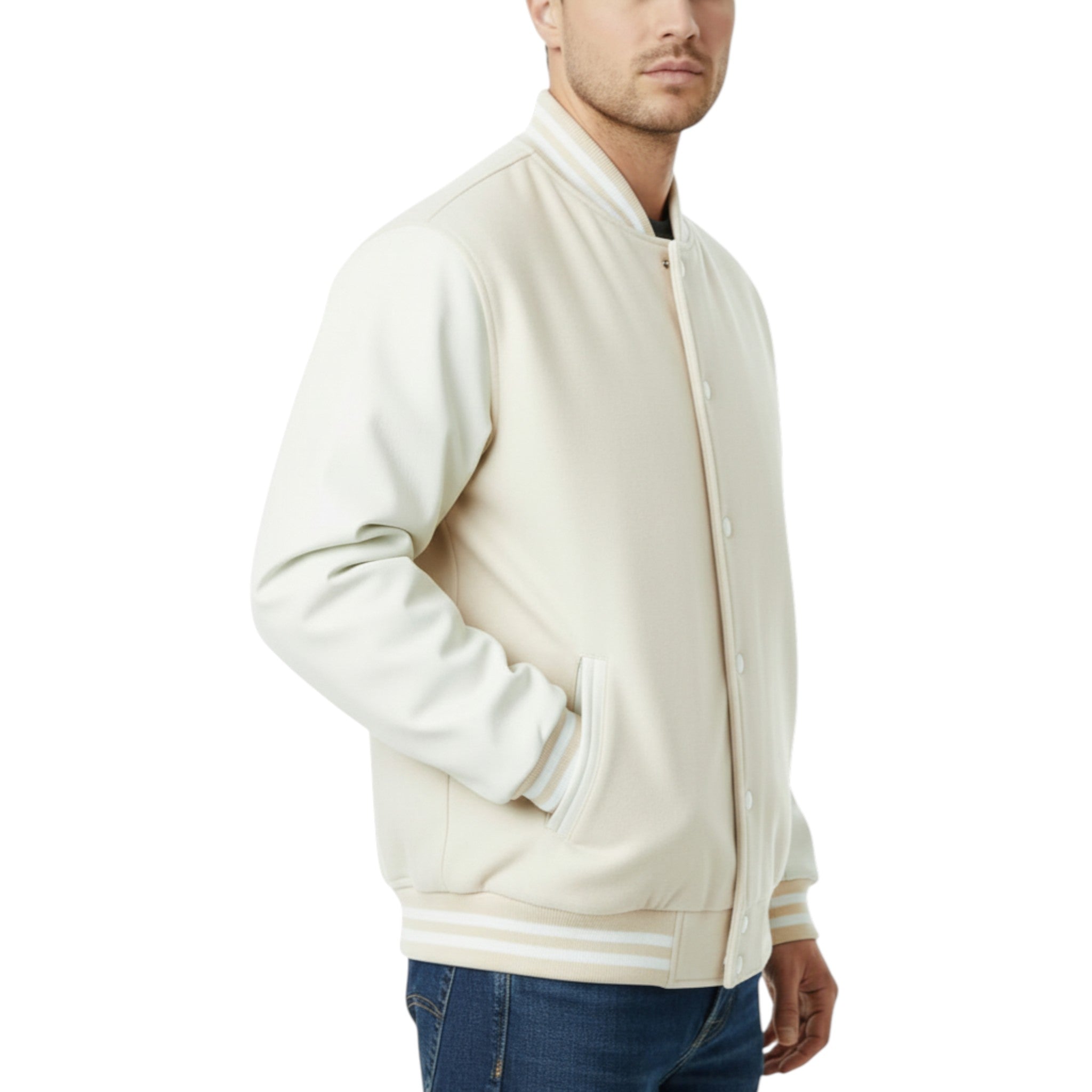 Man wearing a Off-White bomber jacket on a white background