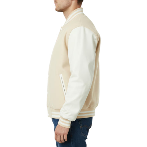 Man wearing a Off-White and white varsity jacket on a white background