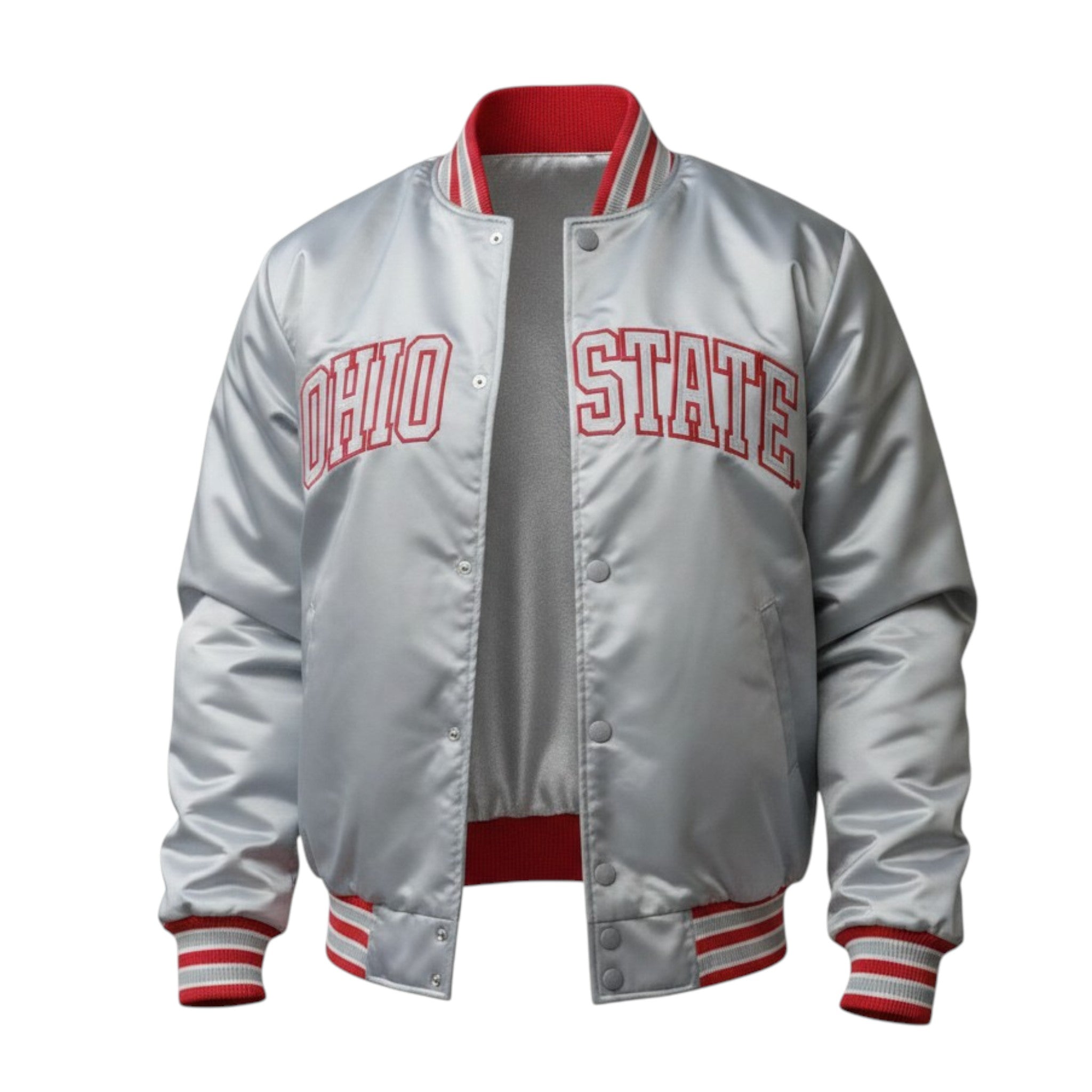 Silver letterman jacket with red trim and 'Ohio State' text on a white background