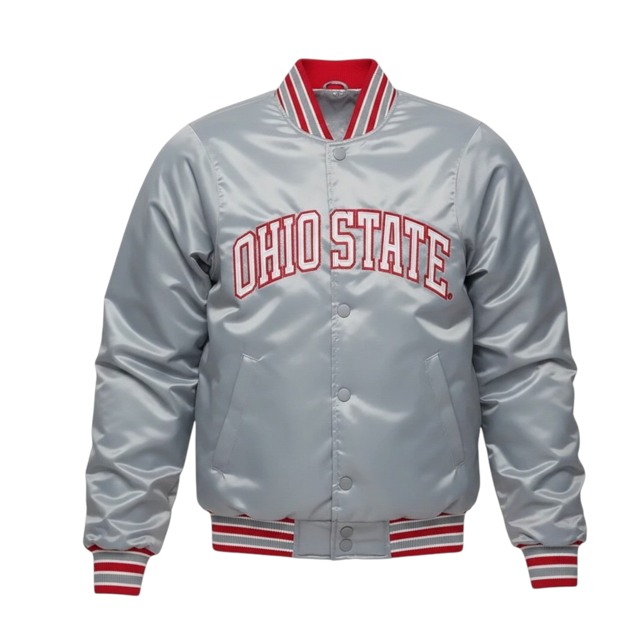 Gray Ohio State jacket with red lettering and trim on a white background
