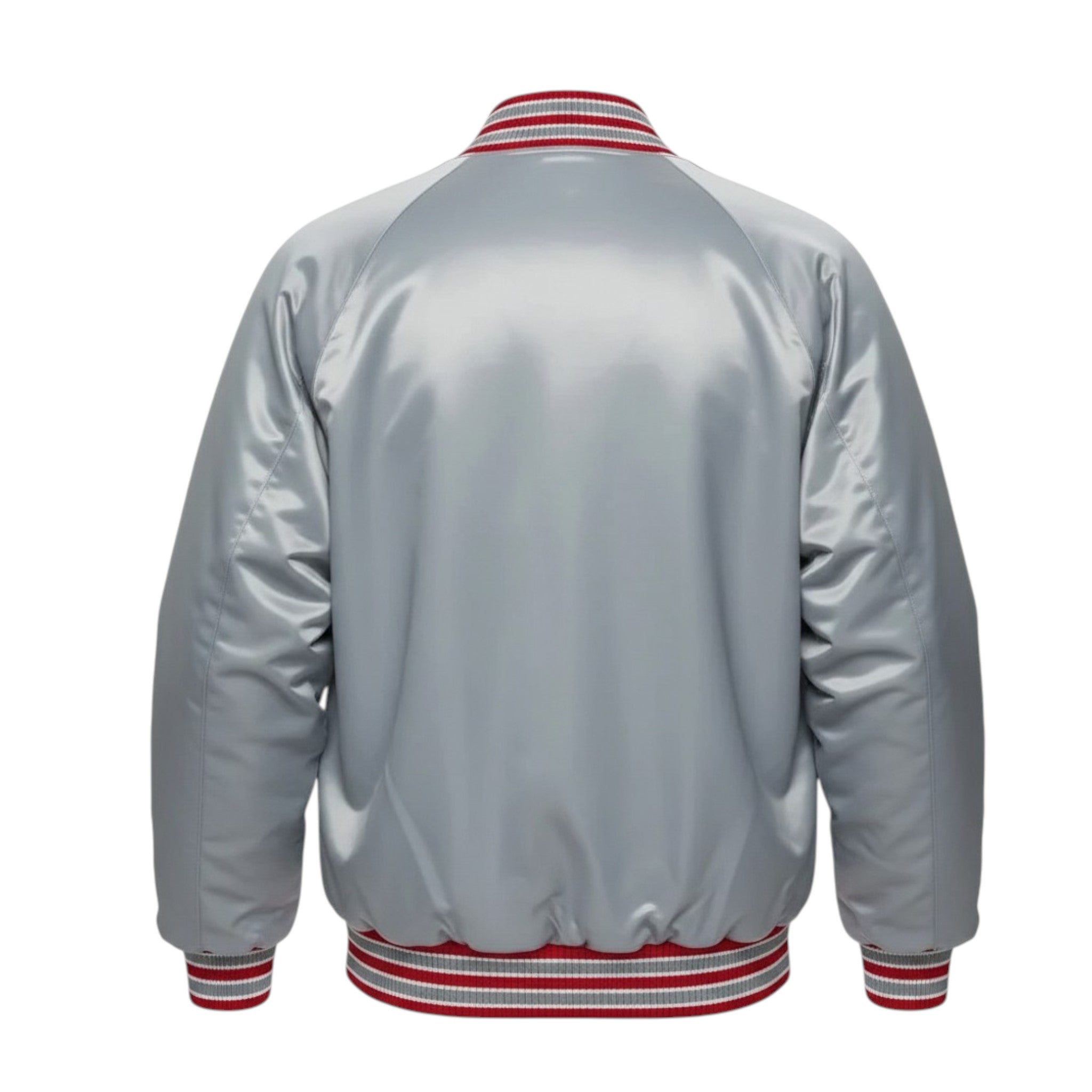 Gray bomber jacket with red and white striped trim on a white background