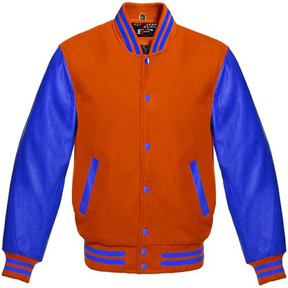 A multicolor varsity style jacket with a black wool body and royal blue leather sleeves, featuring a full front snap button closure and ribbing on cuffs, collar, and hem.