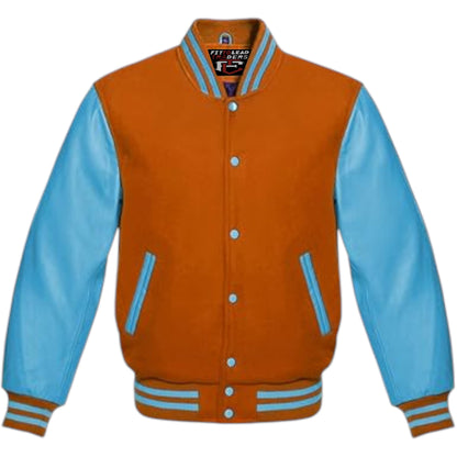 A multicolor wool varsity style jacket with genuine sky blue leather sleeves, featuring a full front snap button closure, ribbing on cuffs, collar, and hem, and multiple pockets.