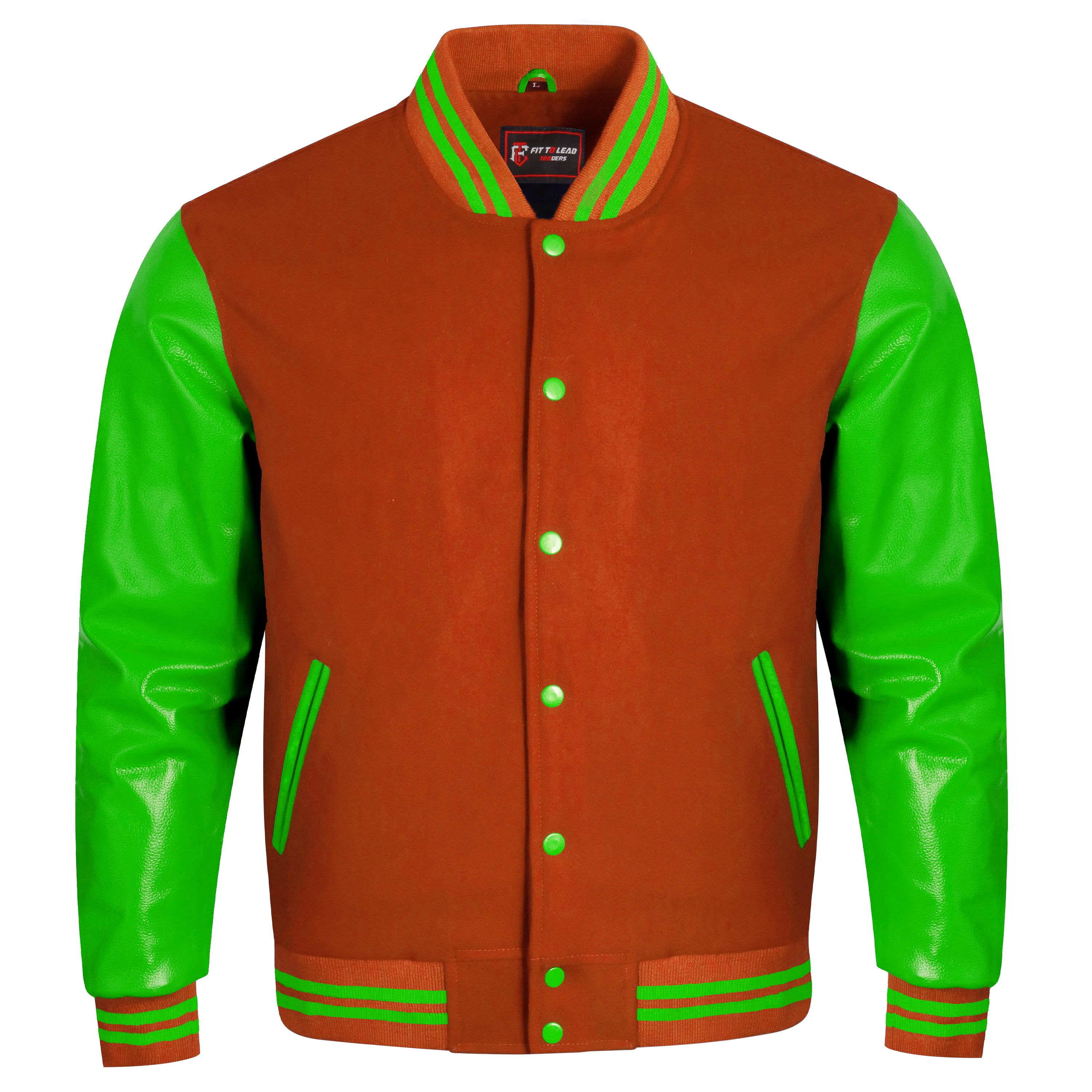 A varsity-style jacket with a rust-orange body and bright green sleeves, collar, and striped trim, shown on a plain white background.