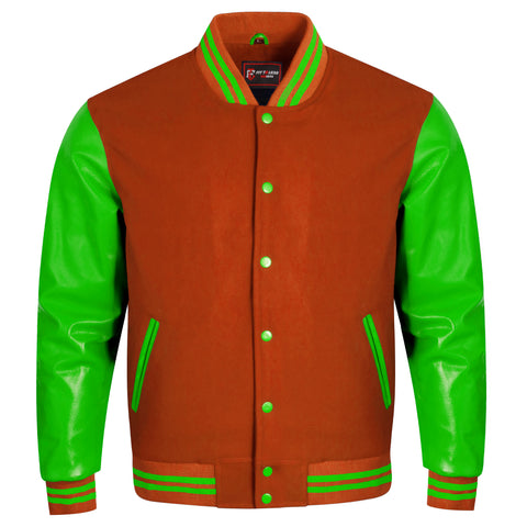 A varsity-style jacket with a rust-orange body and bright green sleeves, collar, and striped trim, shown on a plain white background.