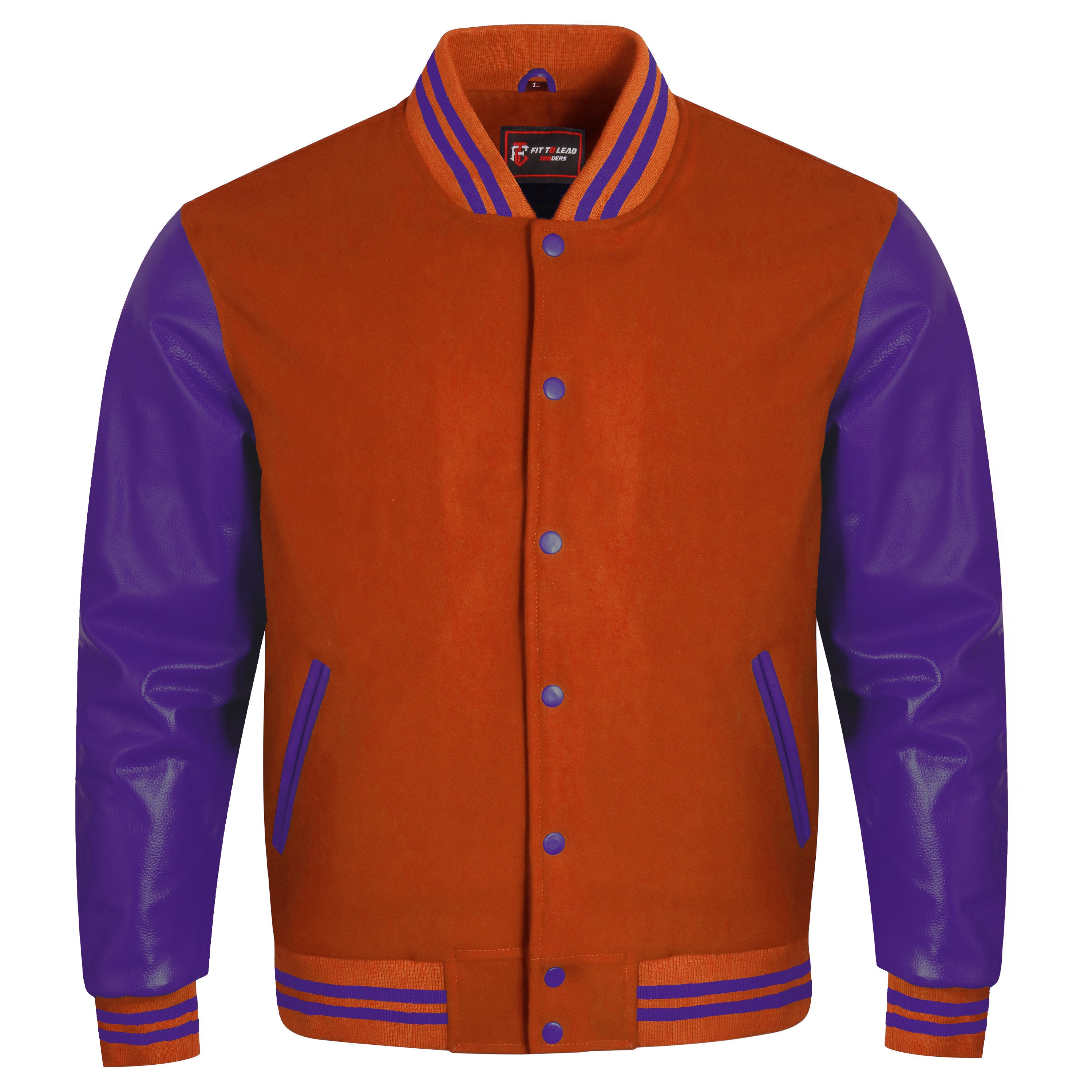 A varsity-style jacket with a burnt orange body and purple sleeves, featuring purple and orange striped ribbing on the collar, cuffs, and hem, and a button-front closure.
