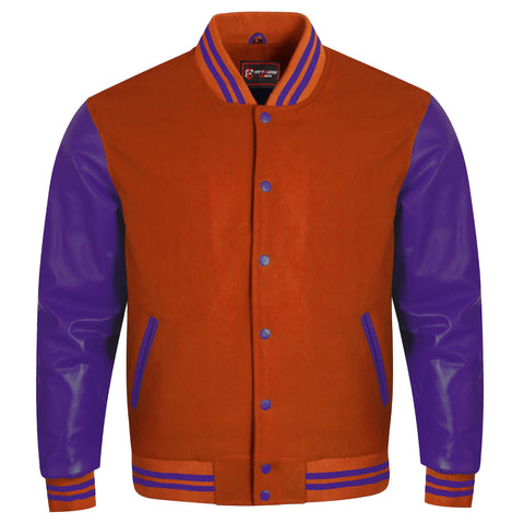 A varsity-style jacket with a burnt orange body and purple sleeves, featuring purple and orange striped ribbing on the collar, cuffs, and hem, and a button-front closure.