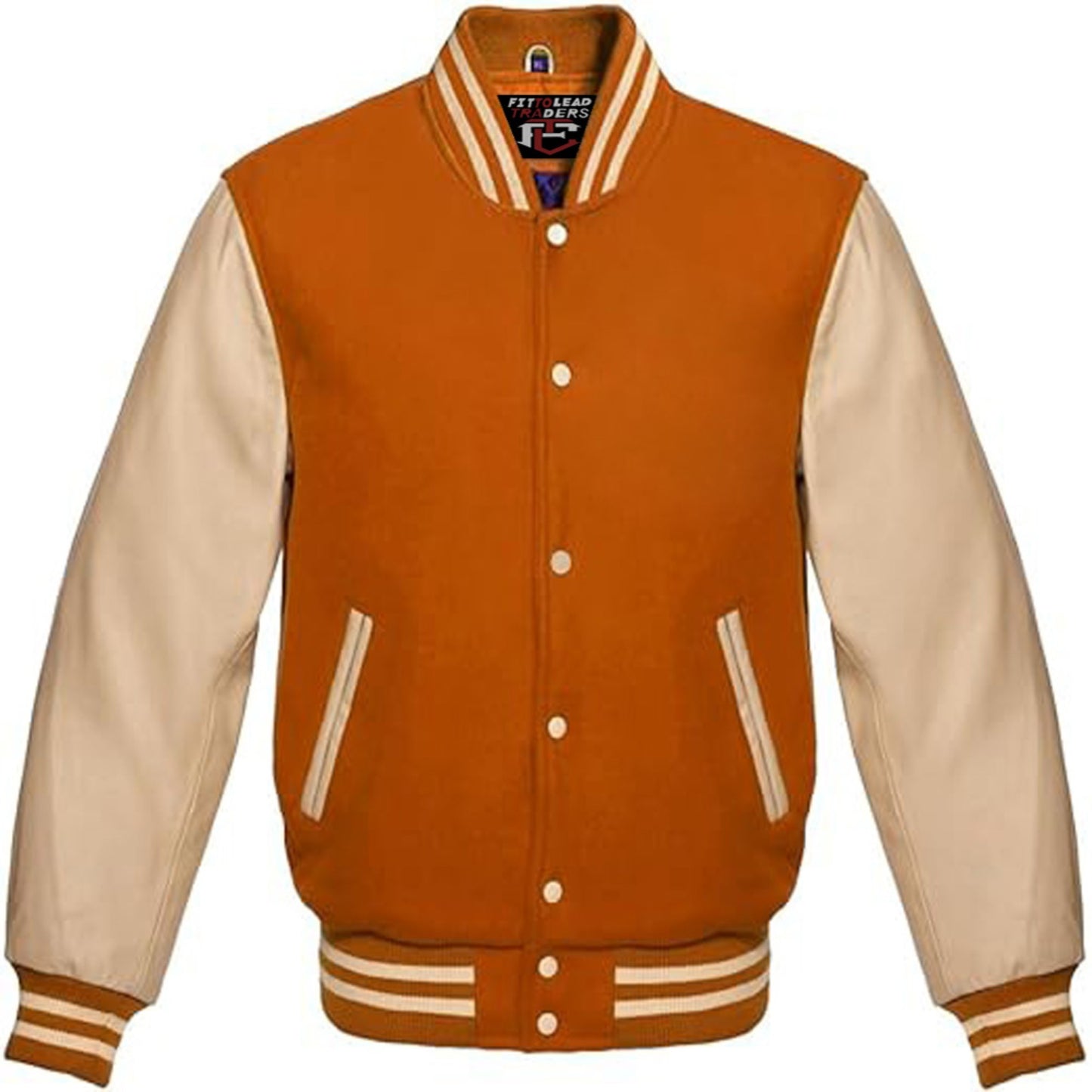 Orange and beige varsity jacket with white buttons on a white background