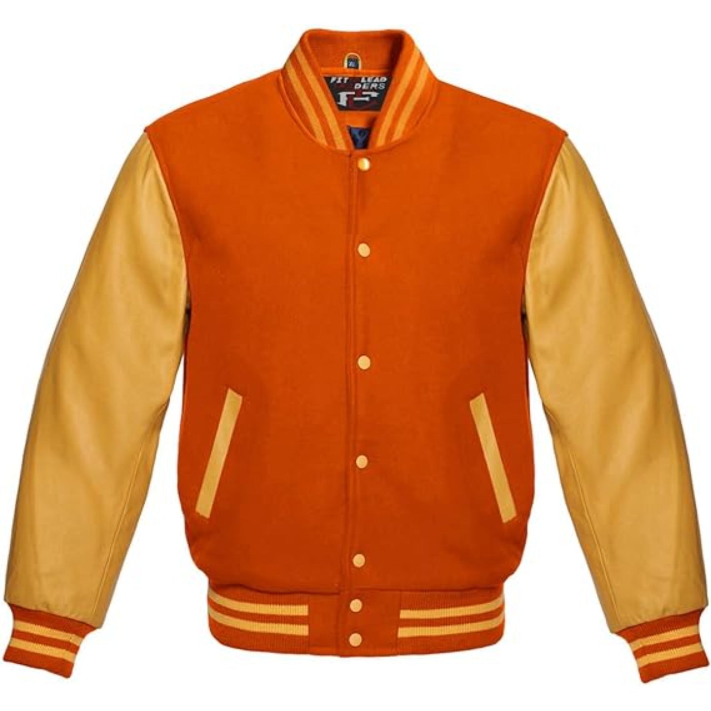 Orange and beige varsity jacket on a white background