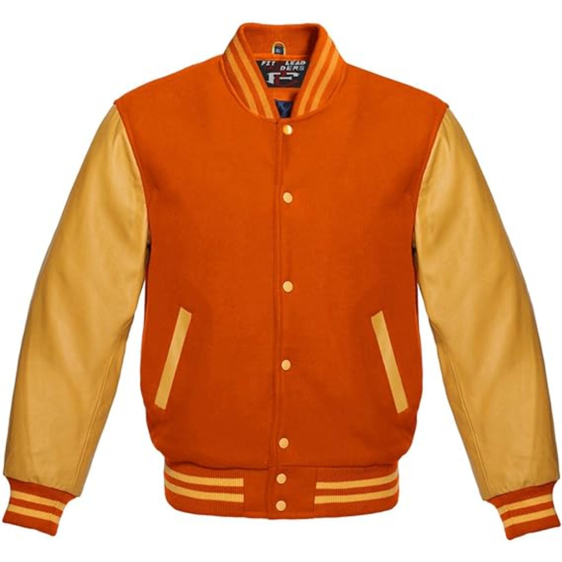 Modern Wool Bomber Jacket Gold Leather Sleeves Stylish Wear