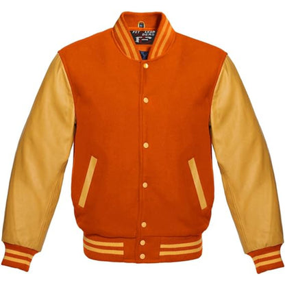 Orange and beige varsity jacket on a white background