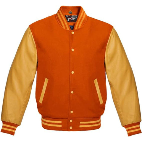 Modern Wool Bomber Jacket Gold Leather Sleeves Stylish Wear