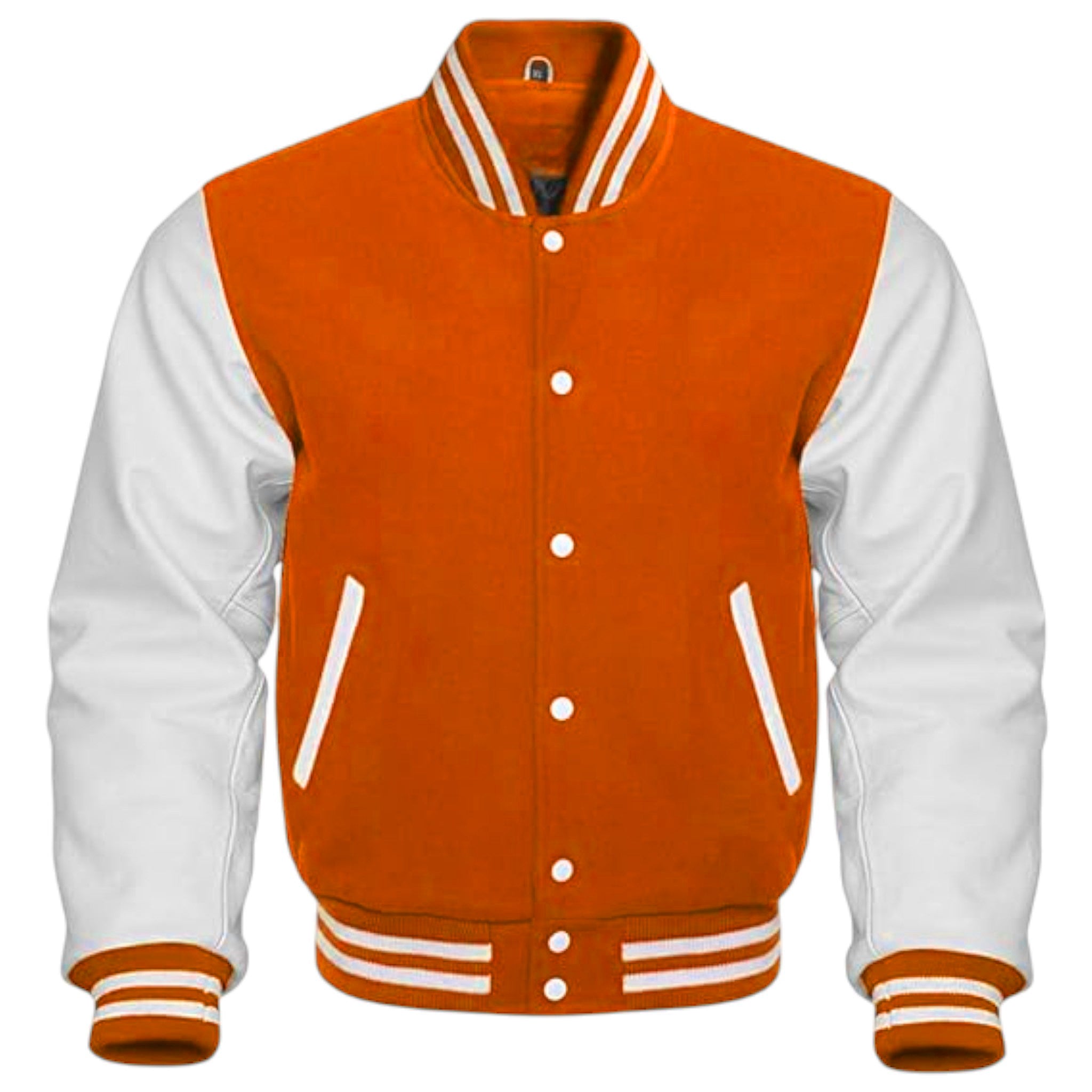 Orange and white varsity jacket on a white background