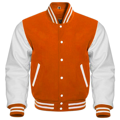 Orange and white varsity jacket on a white background