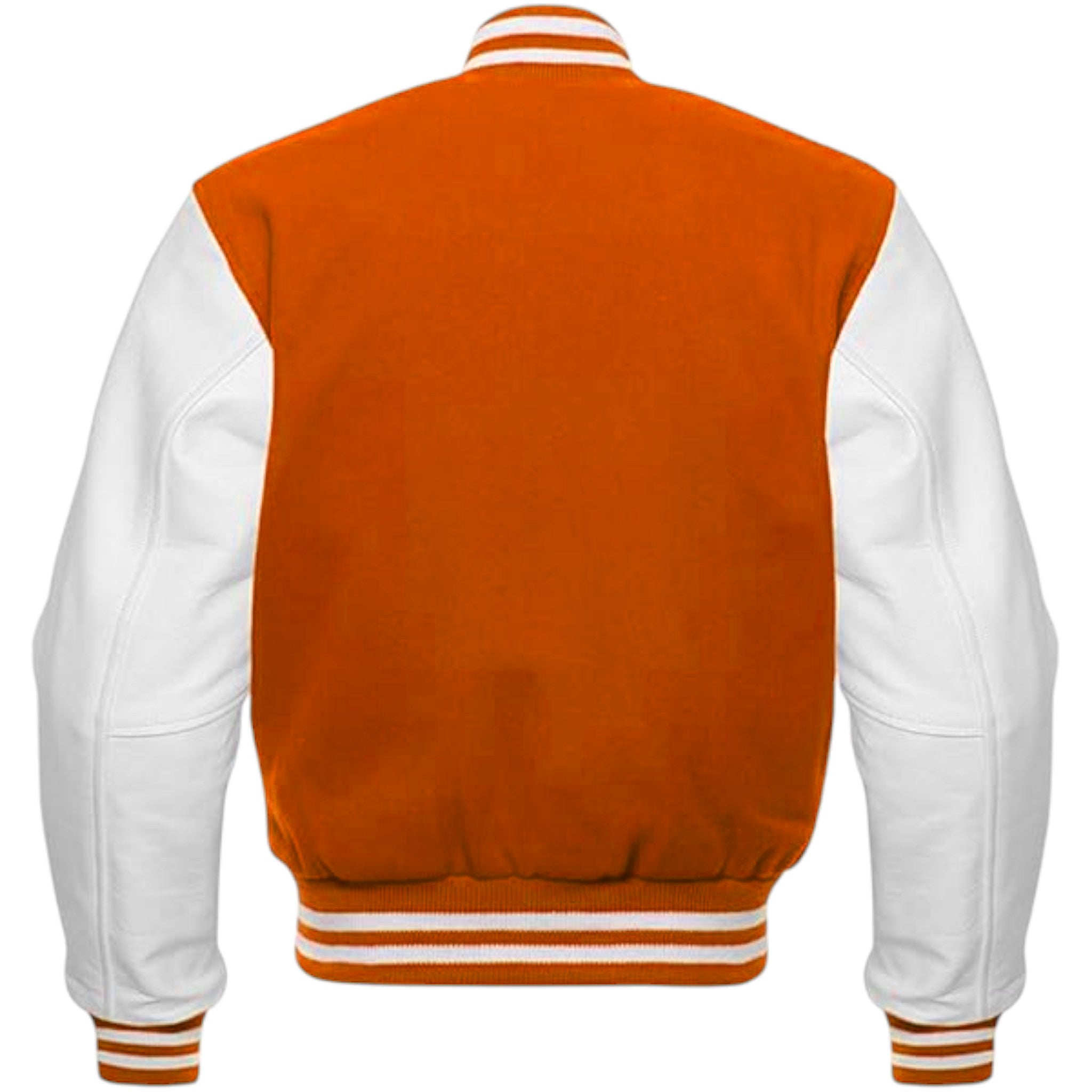Orange and white varsity jacket on a white background
