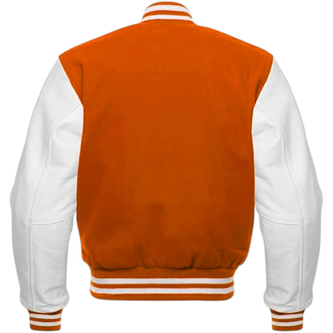 Orange and white varsity jacket on a white background