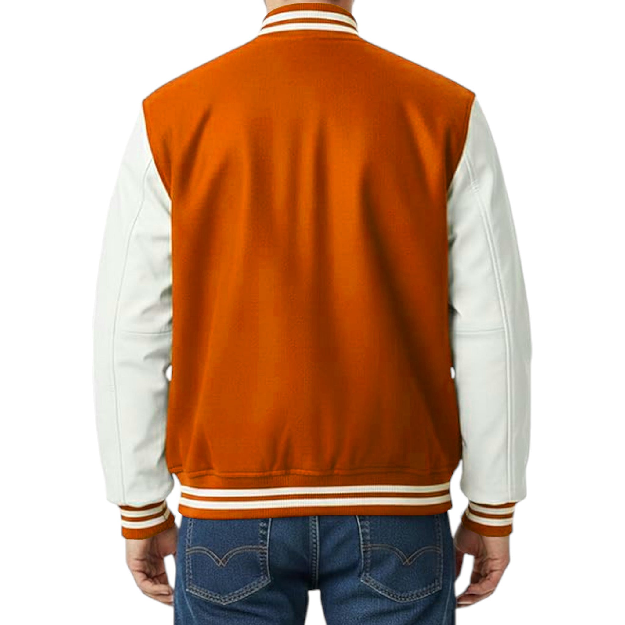Orange and white varsity jacket worn by a person on a white background