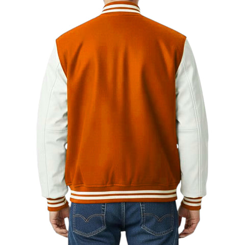 Orange and white varsity jacket worn by a person on a white background