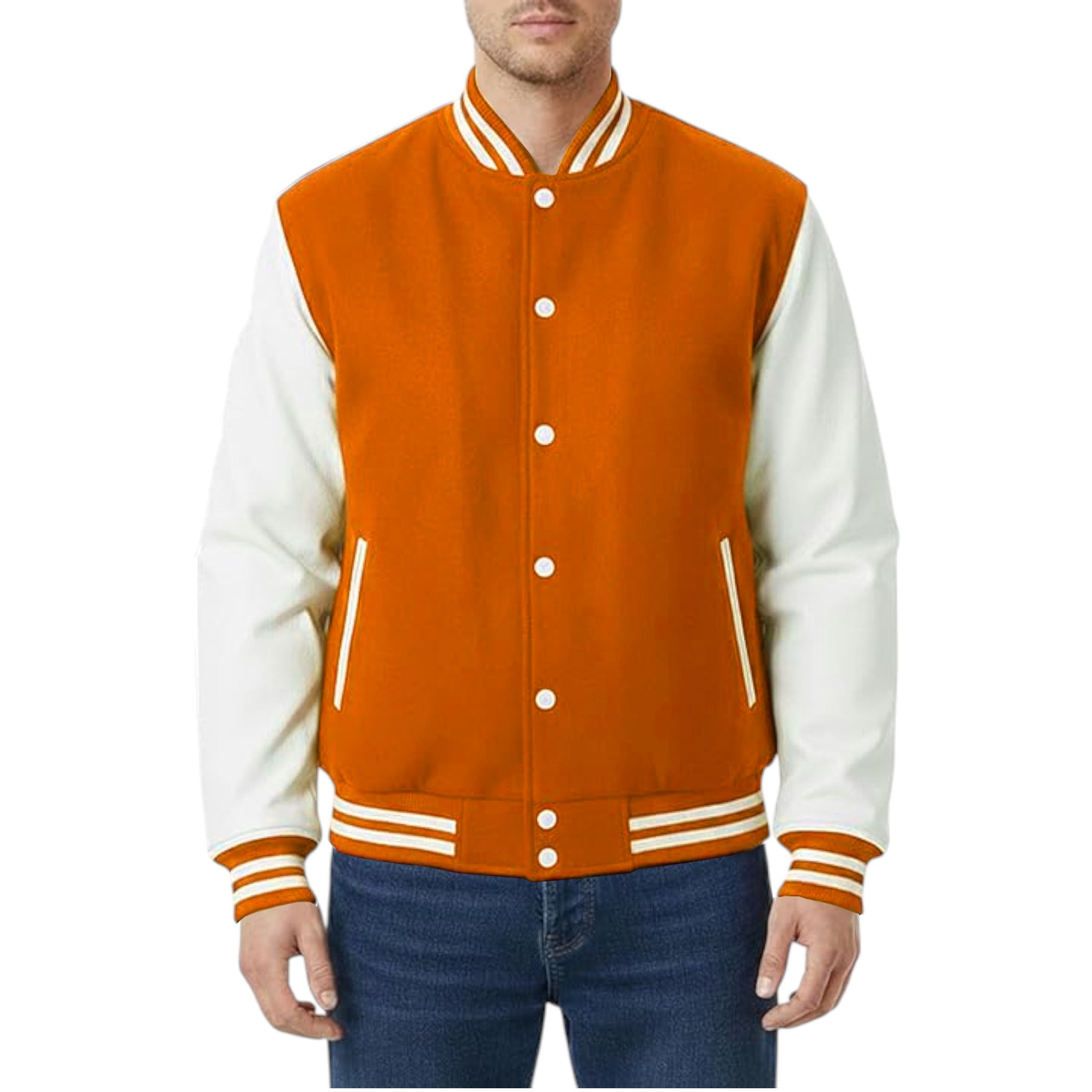 Orange and white varsity jacket worn by a person on a white background