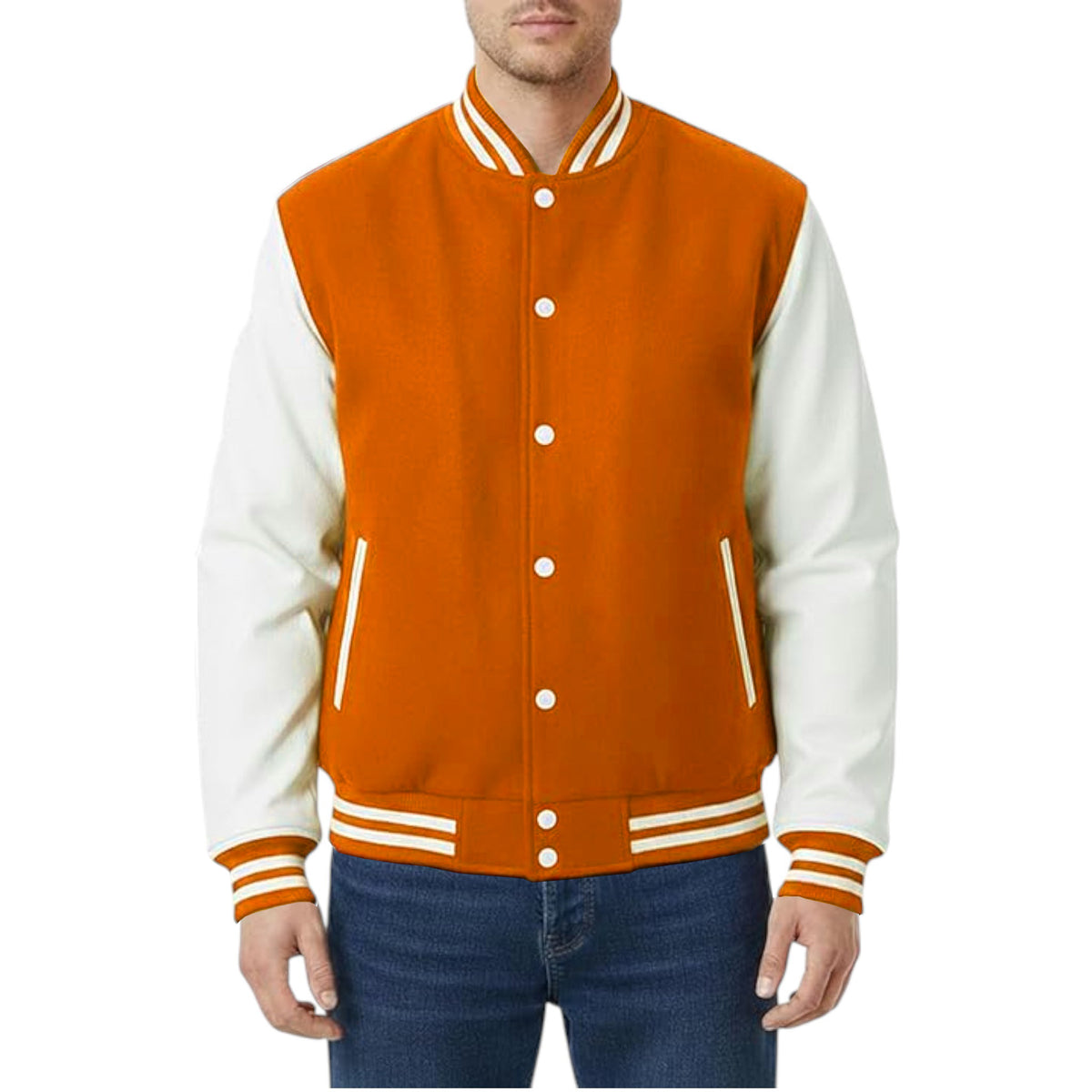Orange and white varsity jacket worn by a person on a white background
