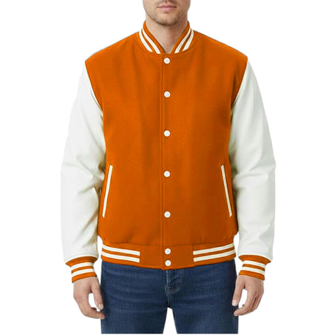Orange and white varsity jacket worn by a person on a white background