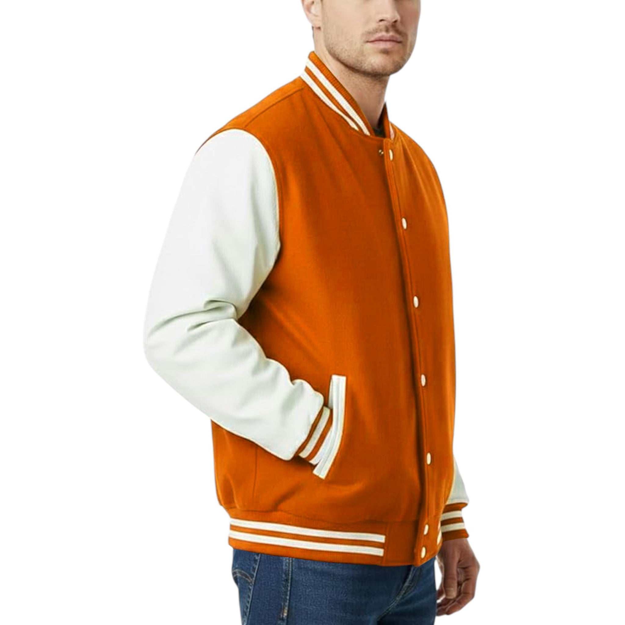 Orange and white varsity jacket worn by a person on a white background