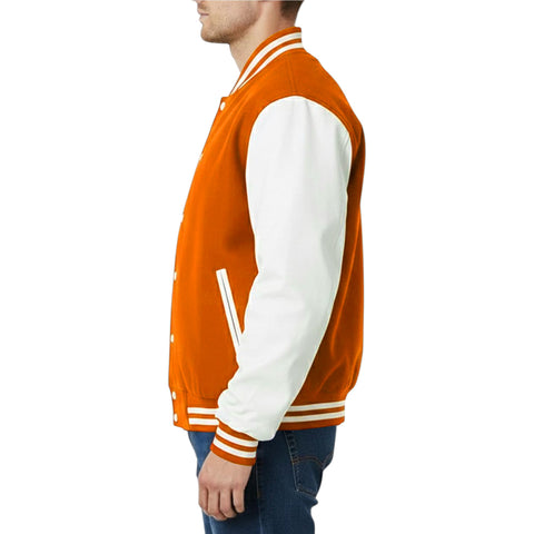Orange and white varsity jacket worn by a person on a white background
