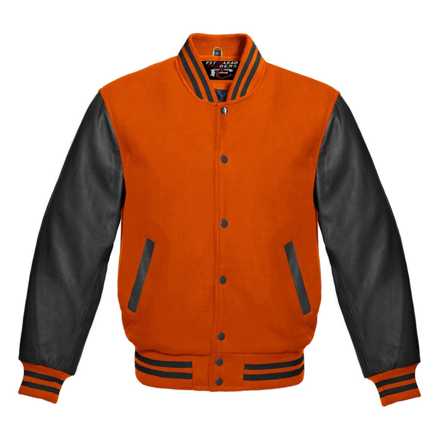 Orange and black varsity jacket on a white background