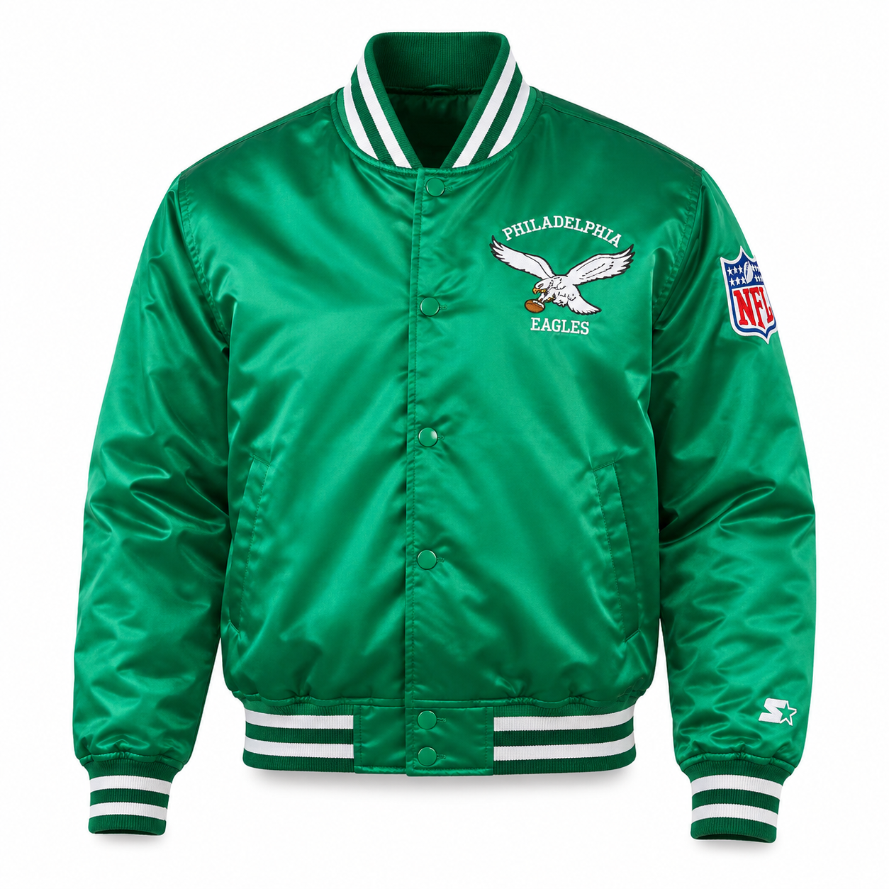 A green satin Philadelphia Eagles football jacket with white and green striped ribbed collar, cuffs, and hem. The jacket features the Philadelphia Eagles logo on the left chest and an NFL shield logo on the right sleeve.