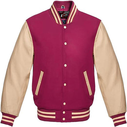 Varsity jacket with maroon body and beige sleeves on a white background