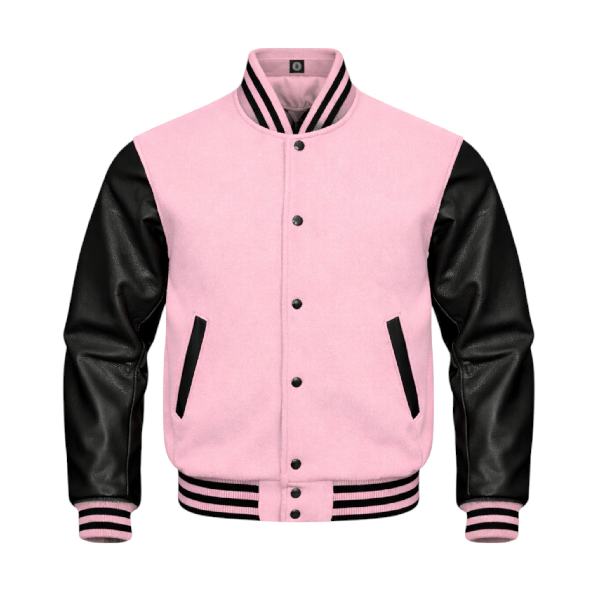A varsity-style jacket with a tan body and white sleeves, featuring white buttons, white striped ribbing, and white diagonal chest accents, shown on a plain white background.