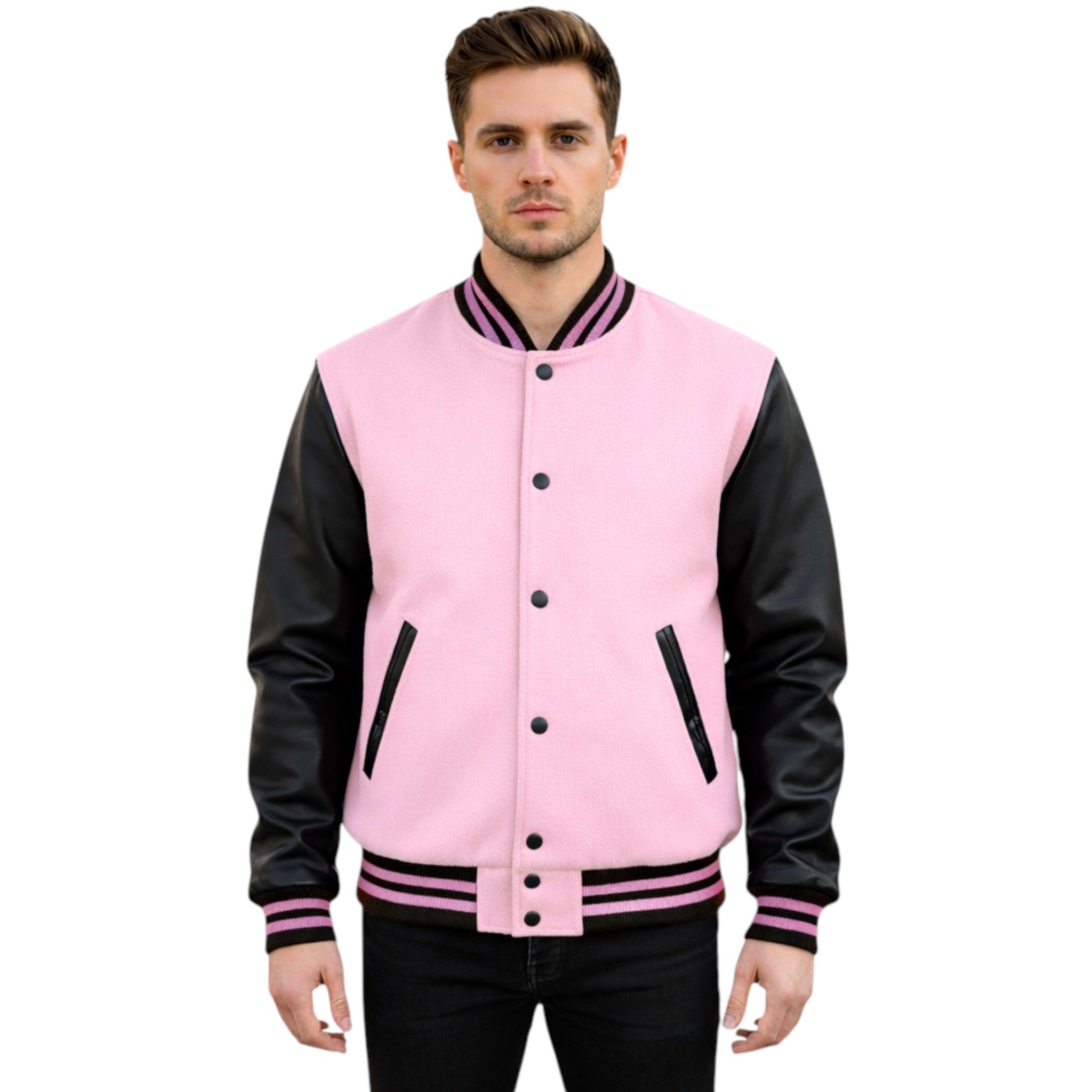 Man wearing a pink and black varsity jacket on a white background