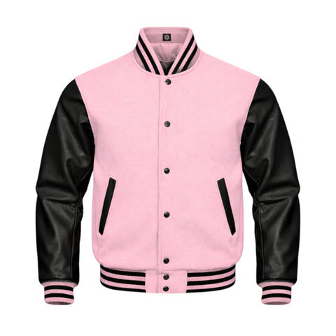 A varsity-style jacket with a tan body and white sleeves, featuring white buttons, white striped ribbing, and white diagonal chest accents, shown on a plain white background.