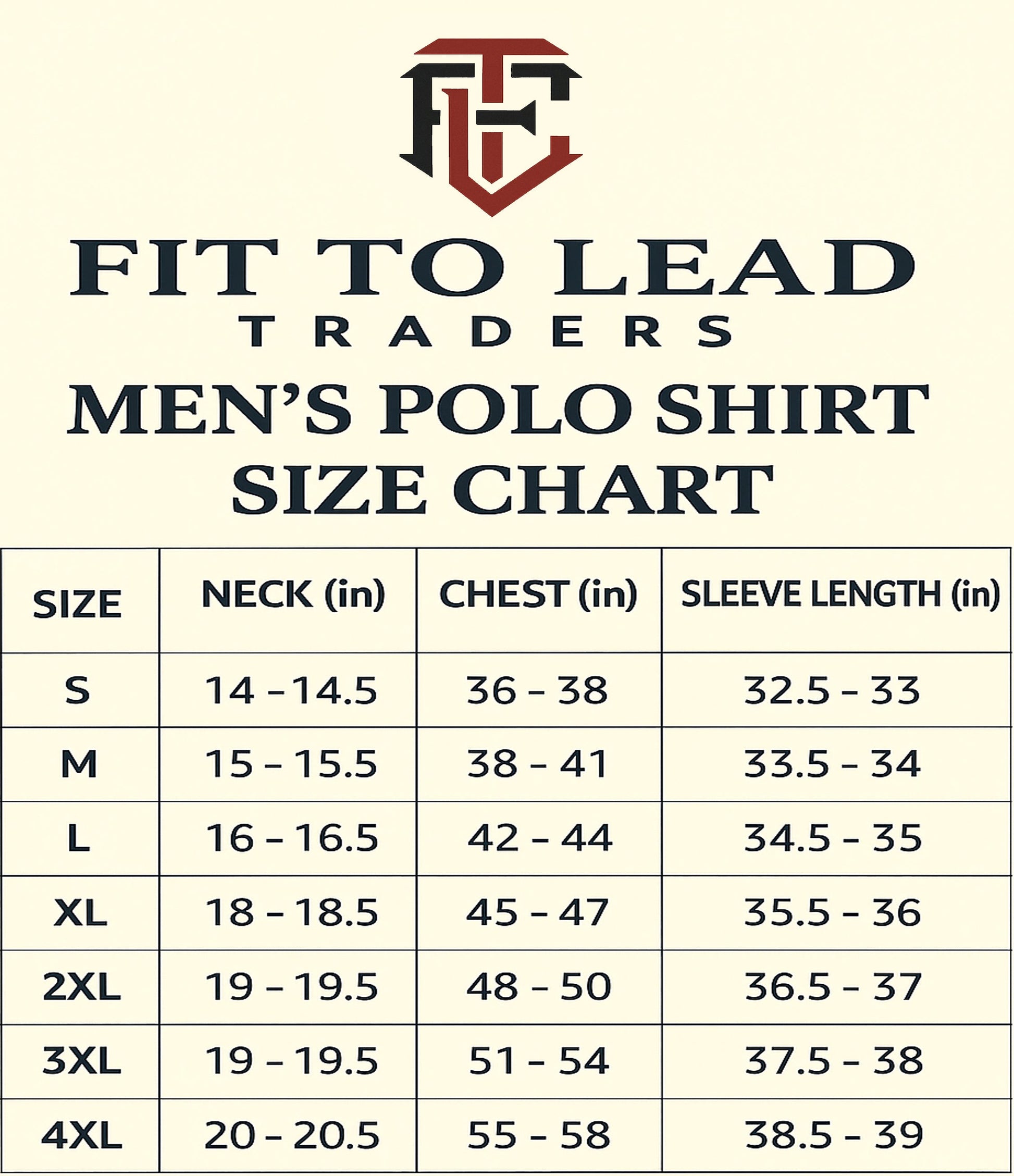 Men's polo shirt size chart with Fit to Lead Traders logo on a white background