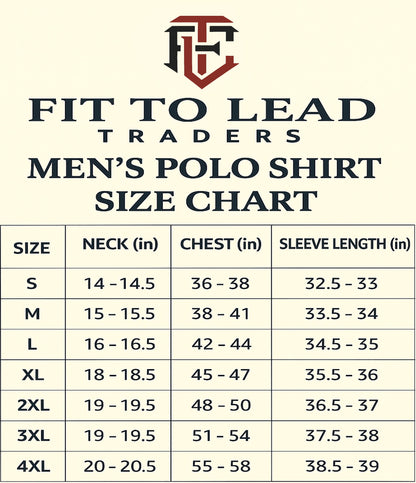 Men's polo shirt size chart with Fit to Lead Traders logo on a white background