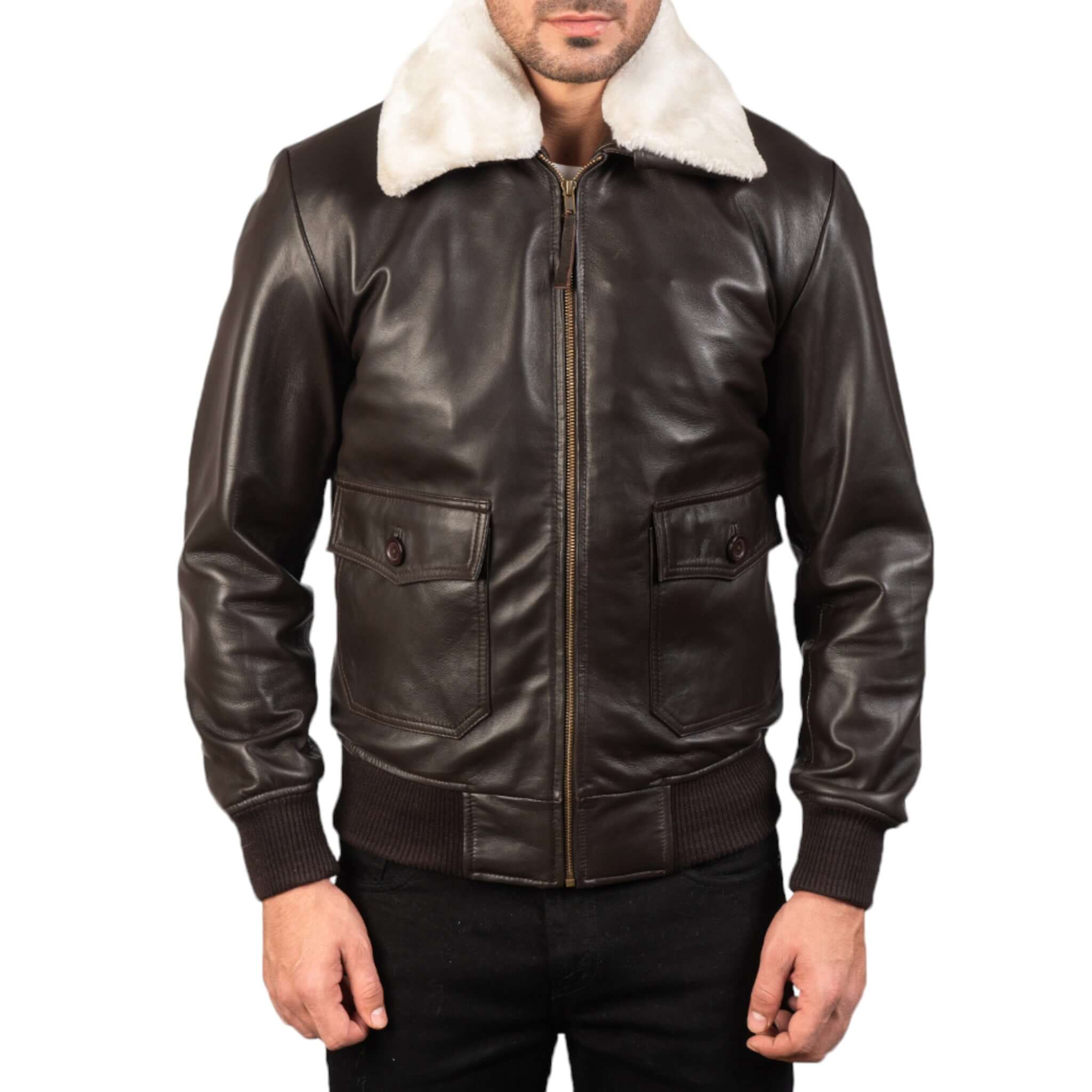 Premium Men Dark Brown Leather Bomber Jacket Classic Style