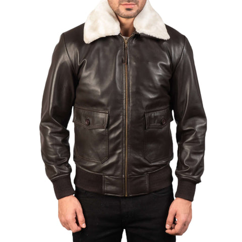 Premium Men Dark Brown Leather Bomber Jacket Classic Style
