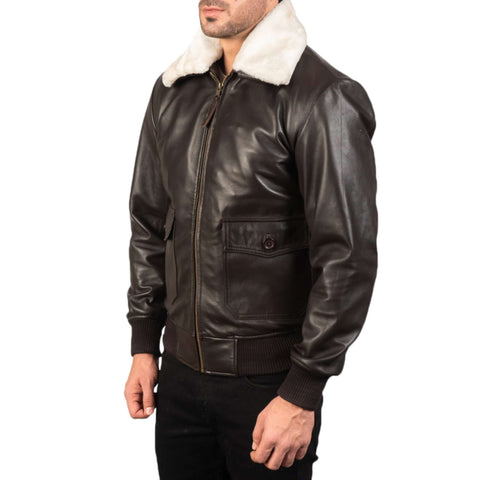 Premium Men Dark Brown Leather Bomber Jacket Classic Style