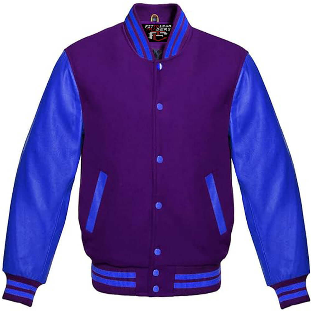 Multicolor Wool Varsity Jacket in Royal Blue Leather Sleeves