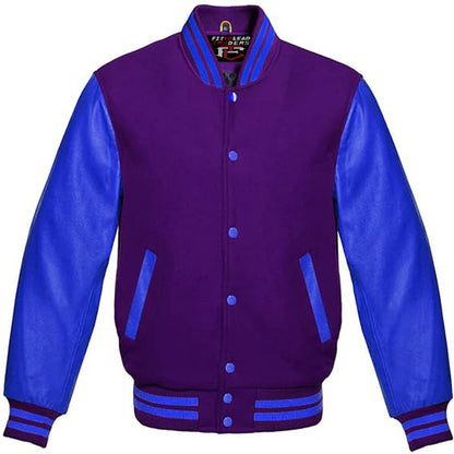 A multicolor varsity style jacket with a black wool body and royal blue leather sleeves, featuring a full front snap button closure and ribbing on cuffs, collar, and hem.