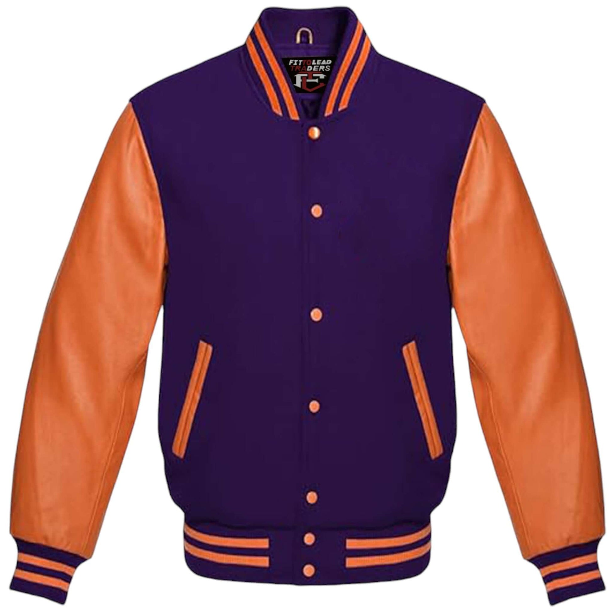Unisex Varsity Jacket Wool Body with Orange Leather Sleeves