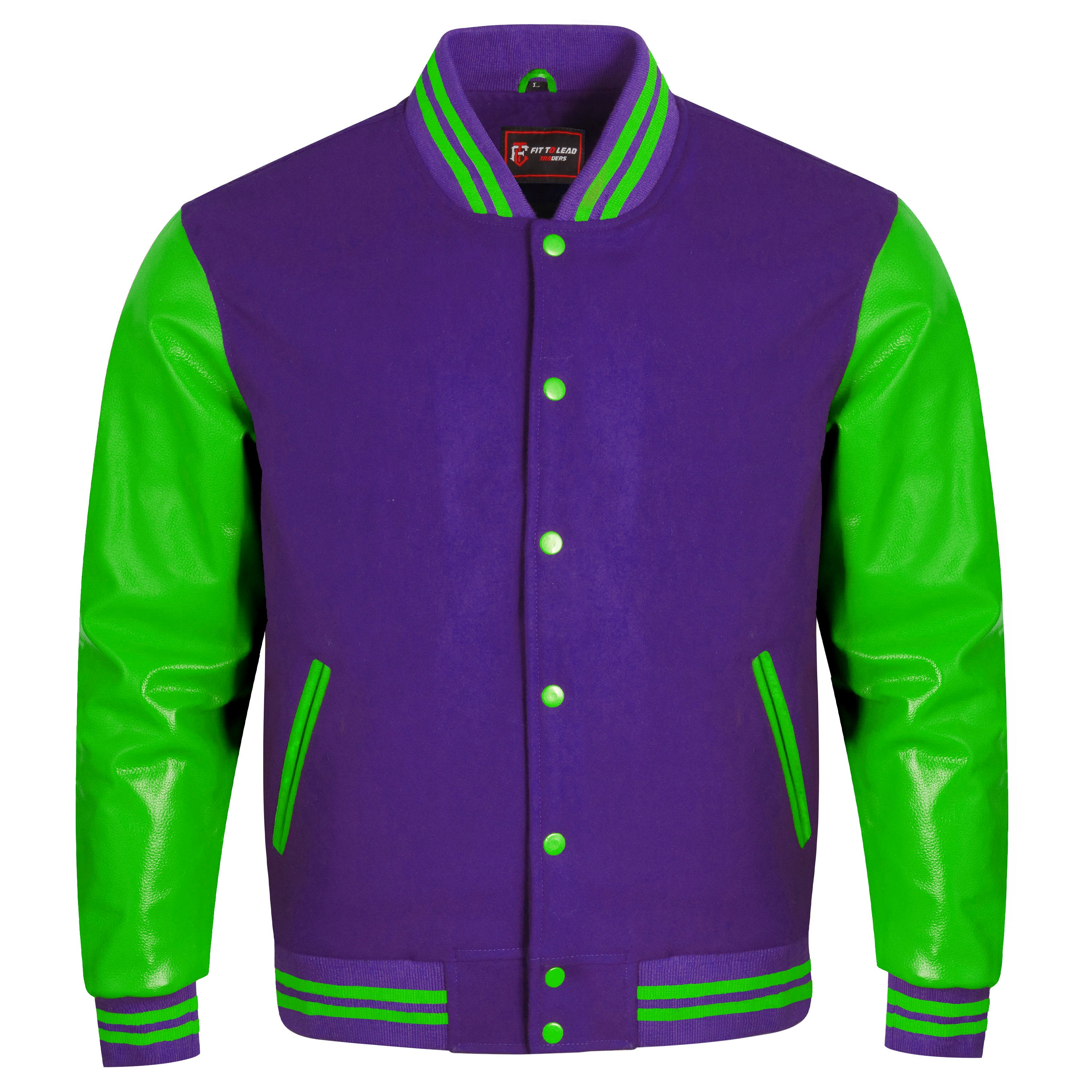 A varsity-style jacket with a purple body and bright green sleeves, featuring green striped ribbing, green buttons, and zippered hand pockets on a plain white background.
