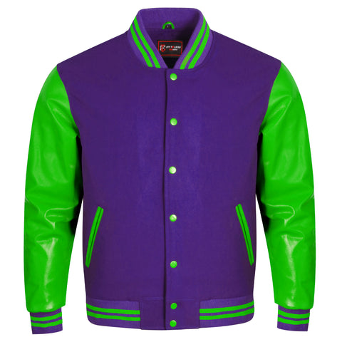 A varsity-style jacket with a purple body and bright green sleeves, featuring green striped ribbing, green buttons, and zippered hand pockets on a plain white background.